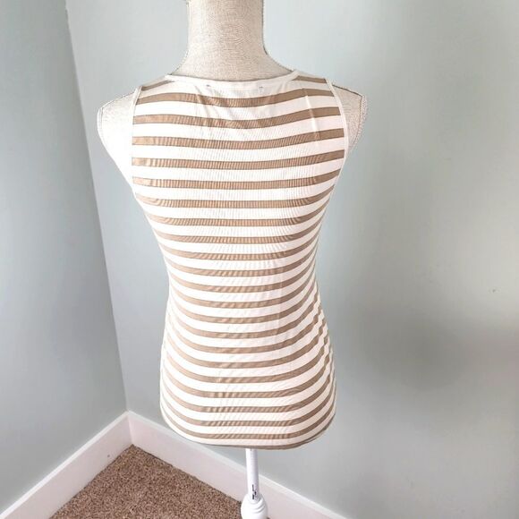 WHITE HOUSE BLACK MARKET WOMEN'S SLEEVELESS TIE FRONT TAN AND WHITE TOP SIZE XS - Picture 4 of 6